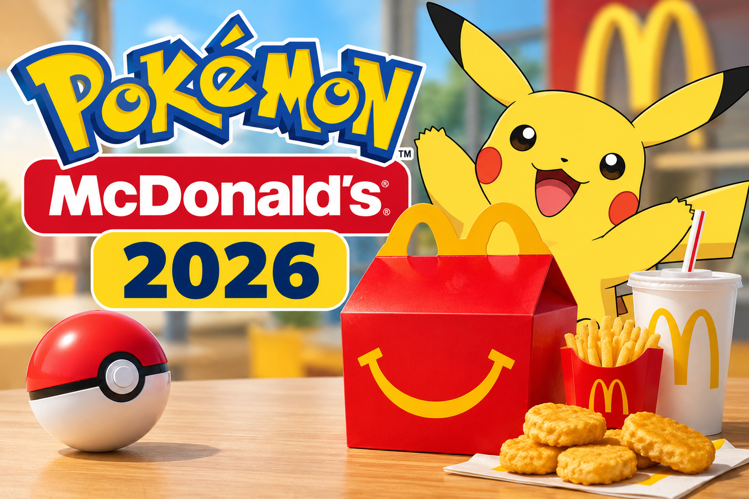 Ilustración de la promoción Pokémon McDonald's 2026 con Pikachu, Happy Meal y Poké Ball