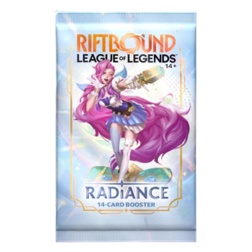 Sobre Riftbound Radiance inglés de 14 cartas con Seraphine – League of Legends TCG